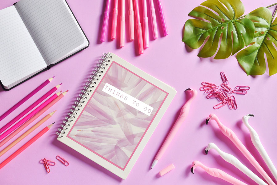 pink products of notebook and pens